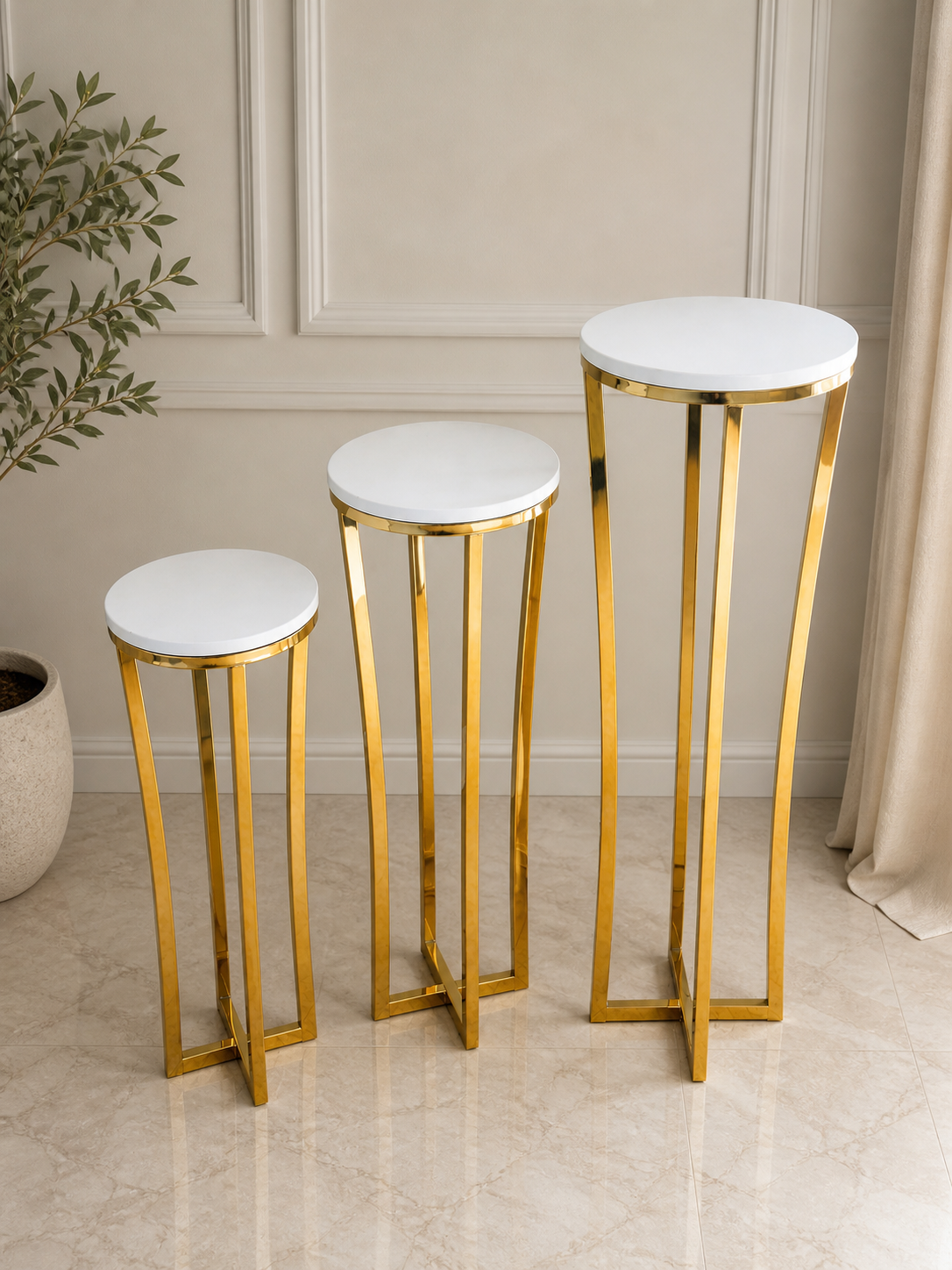 Gold Luxe Pedestal Stands – Set of 3 (Round Top) | Rental (Best Value) rental in Ottawa