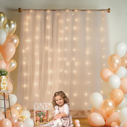 Champagne Tulle Backdrop Curtain with String Lights Rental in Ottawa
