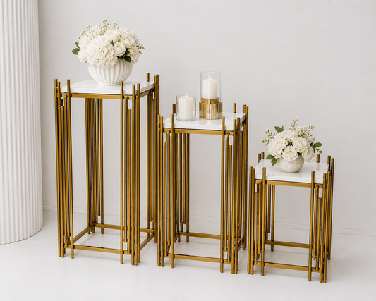 Gold Geometric Pedestal Stands – Set of 3 (Square Top) | Rental (Best Value) rental in Ottawa