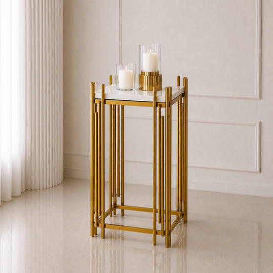 Gold Geometric Pedestal Stand – Medium (Square Top) | Rental rental in Ottawa