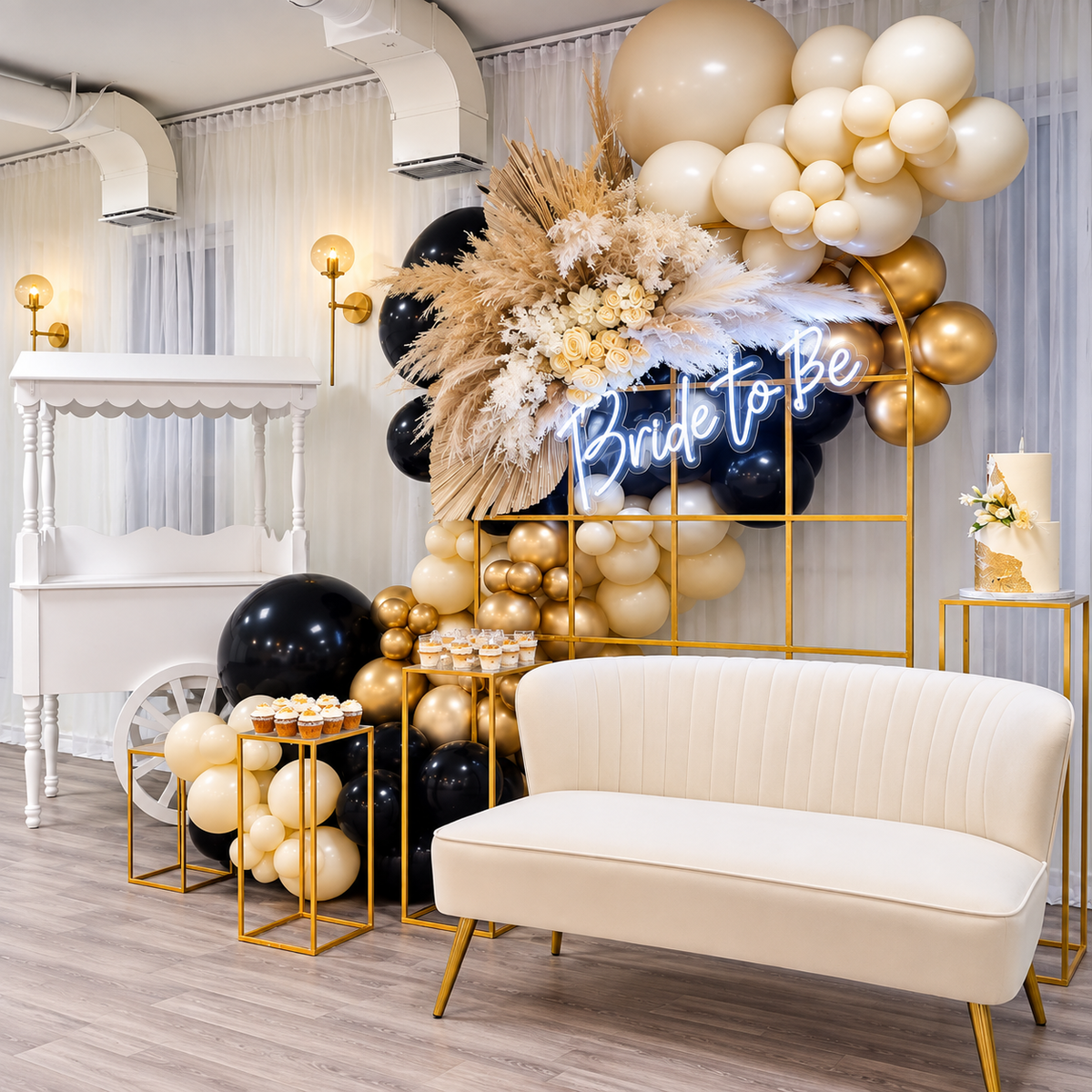 Bride to Be balloon setup with Crown Gold French Door Backdrop Stand in Ottawa