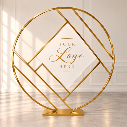 Geometric Gold Circle Arch rental in Ottawa featuring a 2 m gold metal circular backdrop with a central diamond-shaped panel for weddings, parties and corporate events.