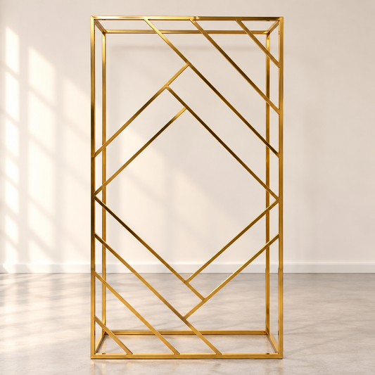 Gold geometric diamond metal backdrop frame for wedding and event décor rental in Ottawa