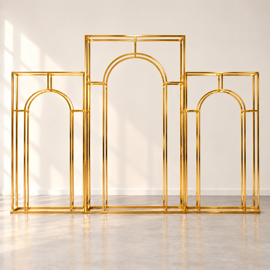 Gold metal wedding arch backdrop set of 3 for floral and balloon event décor rental in Ottawa
