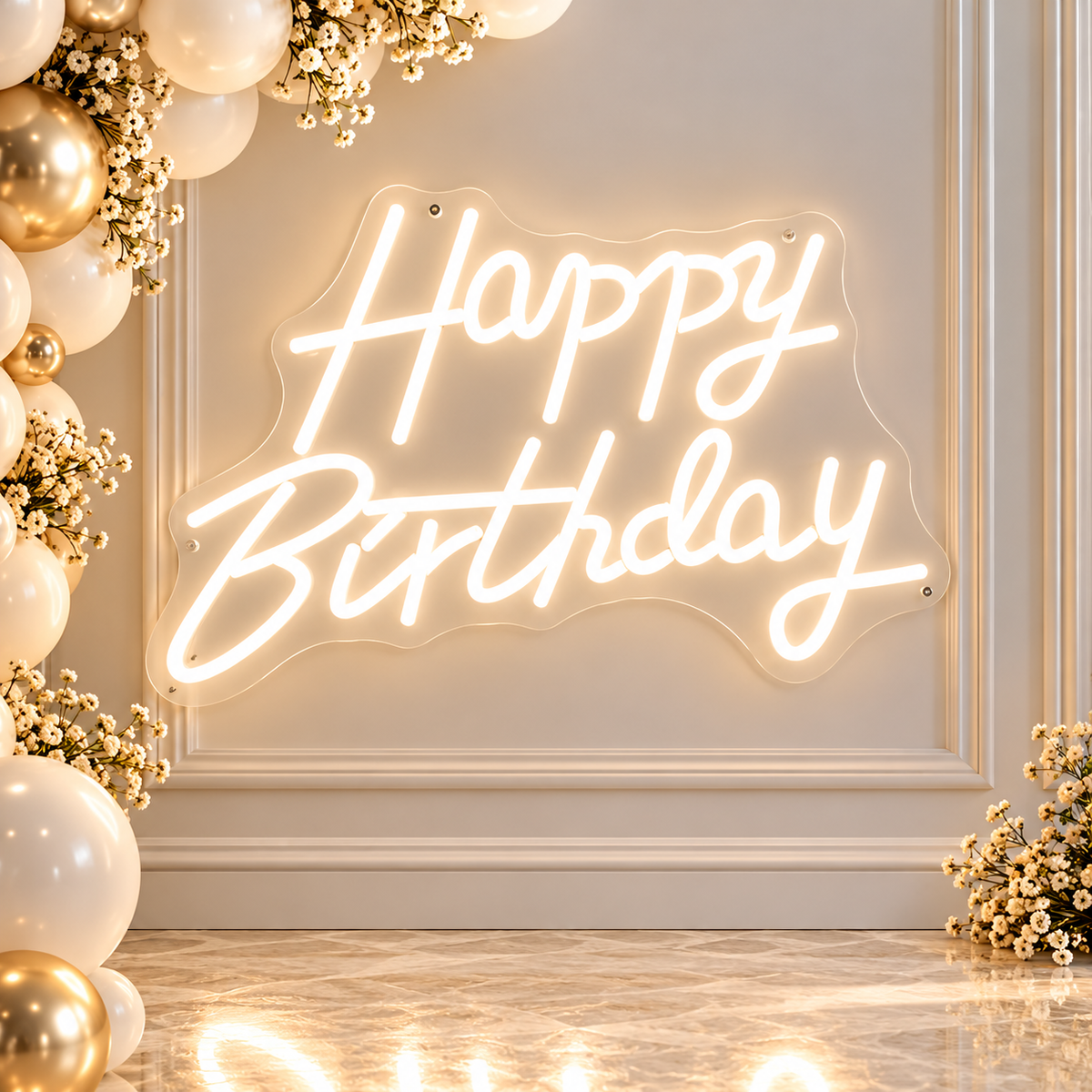 White Happy Birthday LED neon sign rental for birthday parties, balloon decorations and photo backdrops in Ottawa