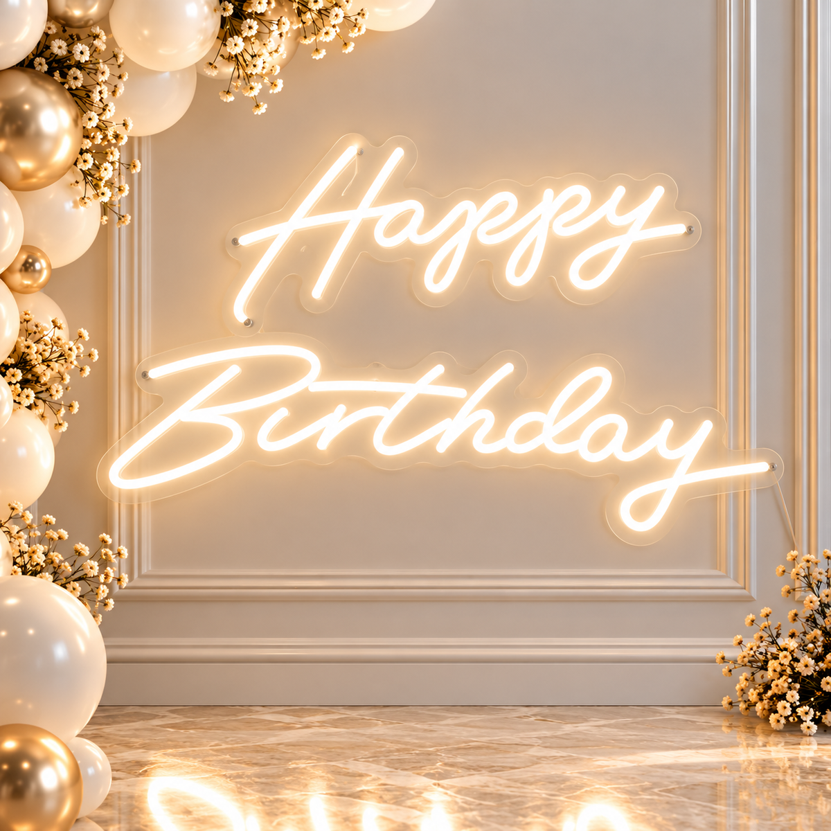 Happy Birthday LED neon sign with warm white cursive lettering, 78 × 39 cm, for birthday party backdrop rental in Ottawa.