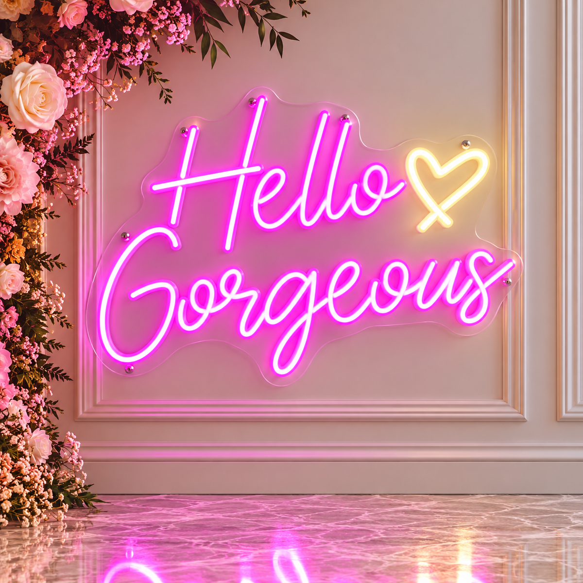 Hello Gorgeous LED neon sign with bright pink lettering and glowing heart, 42 × 27 cm, for event décor rental in Ottawa.