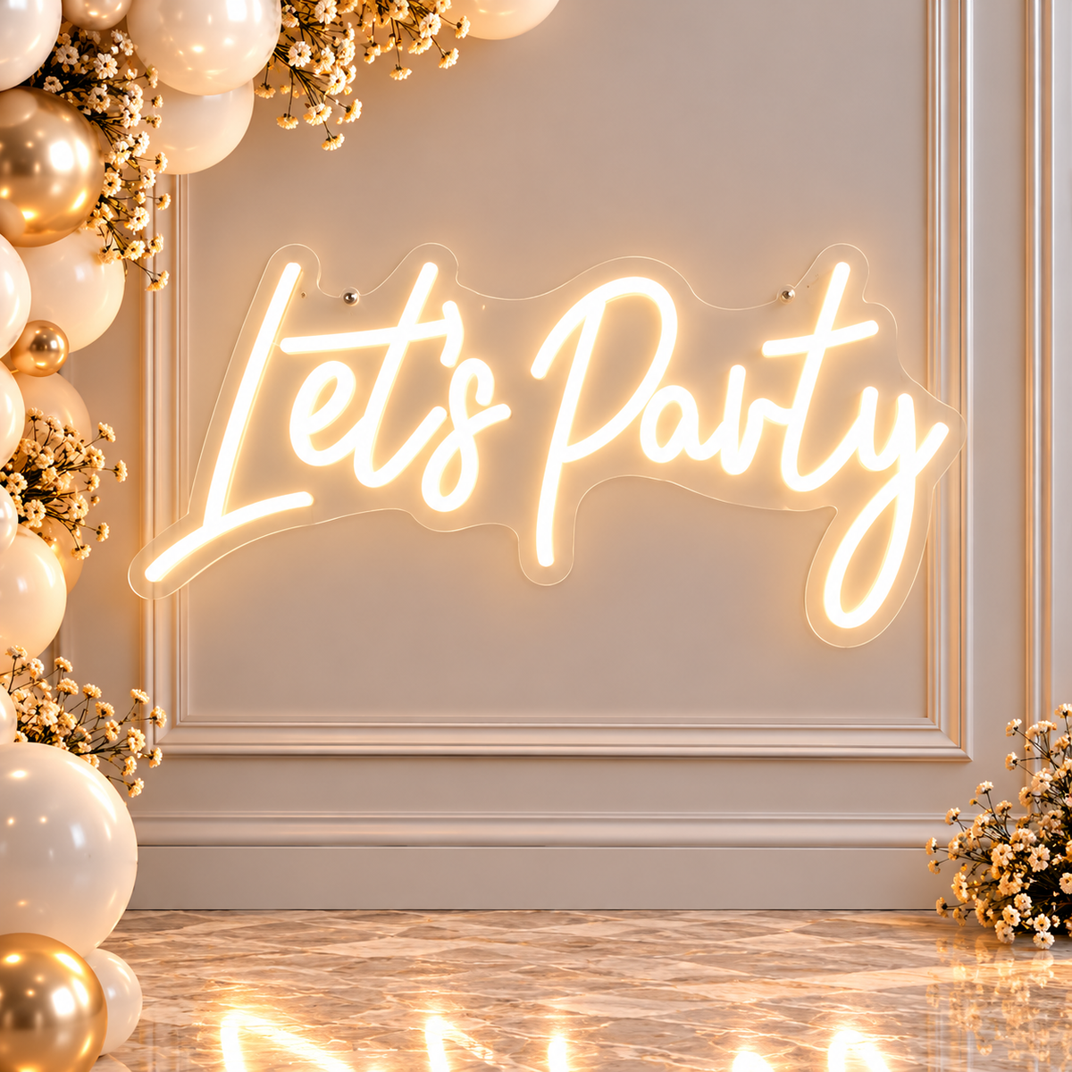 Warm white Let's Party LED neon sign 38 × 22 cm for birthday parties, weddings and event backdrop rentals in Ottawa.