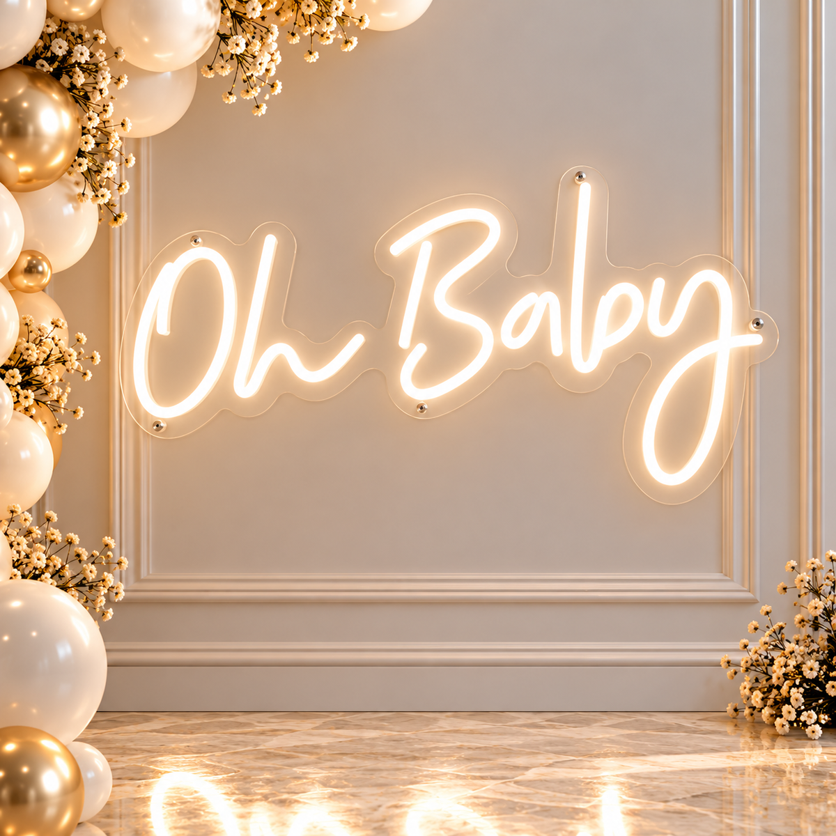 Oh Baby LED neon sign with warm white cursive lettering, 74 × 38 cm, for baby shower and gender reveal décor rental in Ottawa.