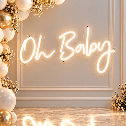 Oh Baby LED neon sign with warm white cursive lettering, 74 × 38 cm, for baby shower and gender reveal décor rental in Ottawa.