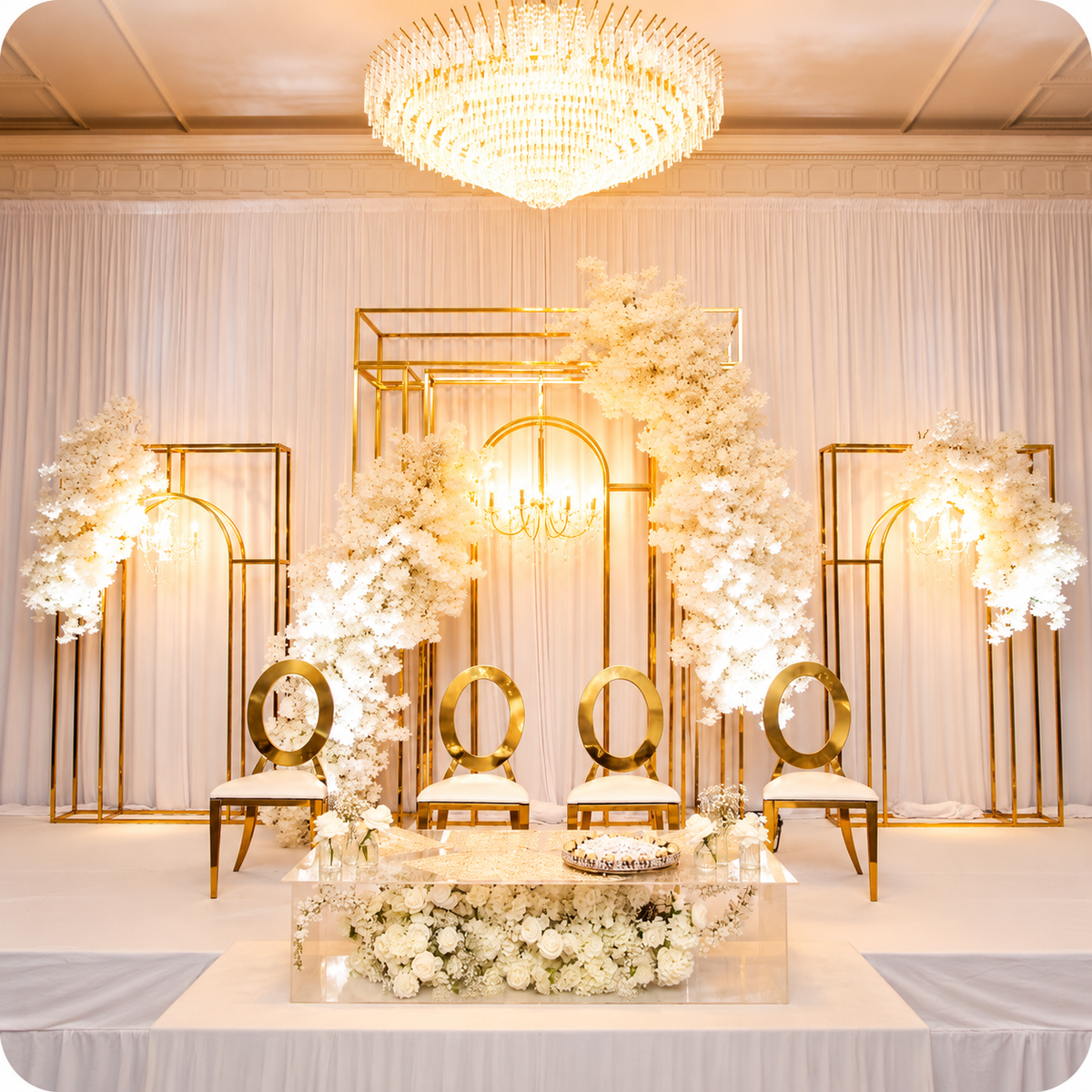 Luxury gold and white wedding stage decor with geometric metal arches, white floral installations and elegant seating in Ottawa.