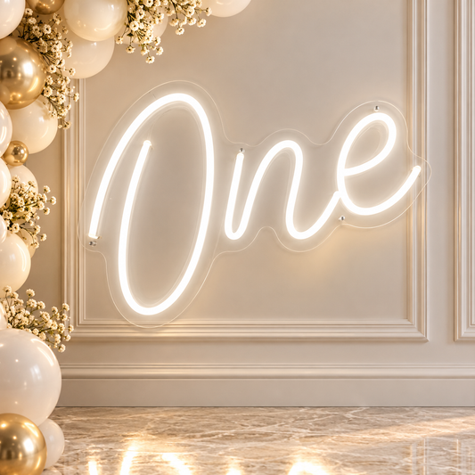 White One LED neon sign rental for first birthday party, cake smash photoshoot and birthday backdrop decoration in Ottawa
